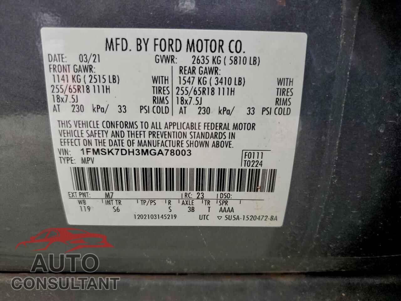 FORD EXPLORER 2021 - 1FMSK7DH3MGA78003