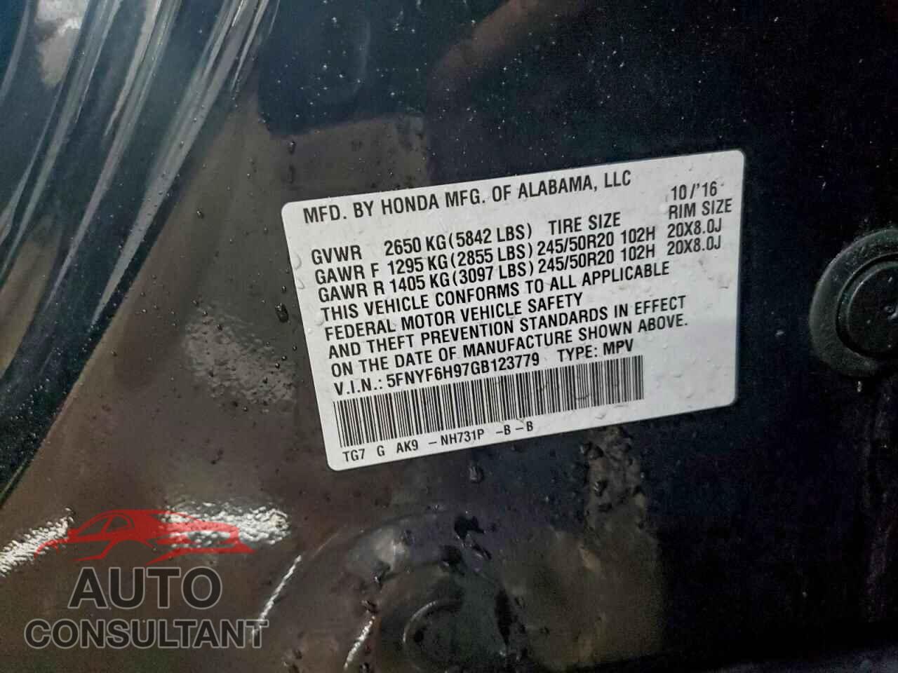 HONDA PILOT 2016 - 5FNYF6H97GB123779