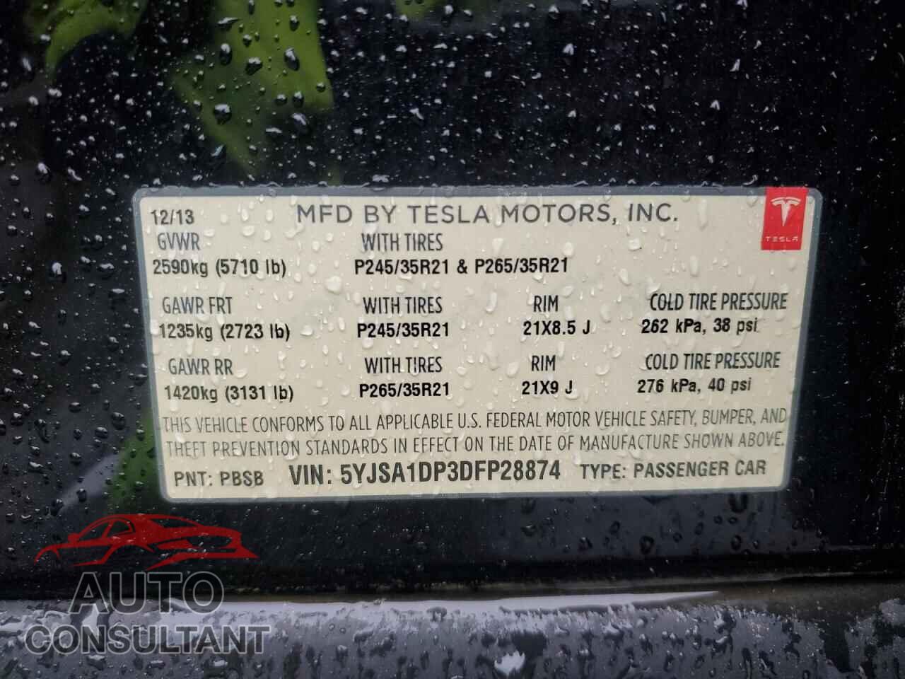 TESLA MODEL S 2013 - 5YJSA1DP3DFP28874