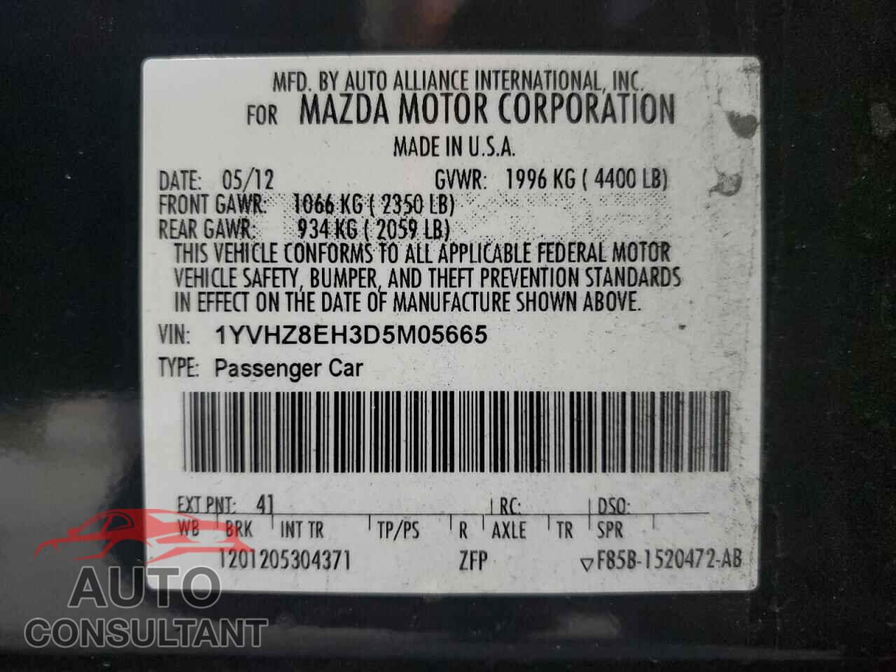 MAZDA 6 2013 - 1YVHZ8EH3D5M05665