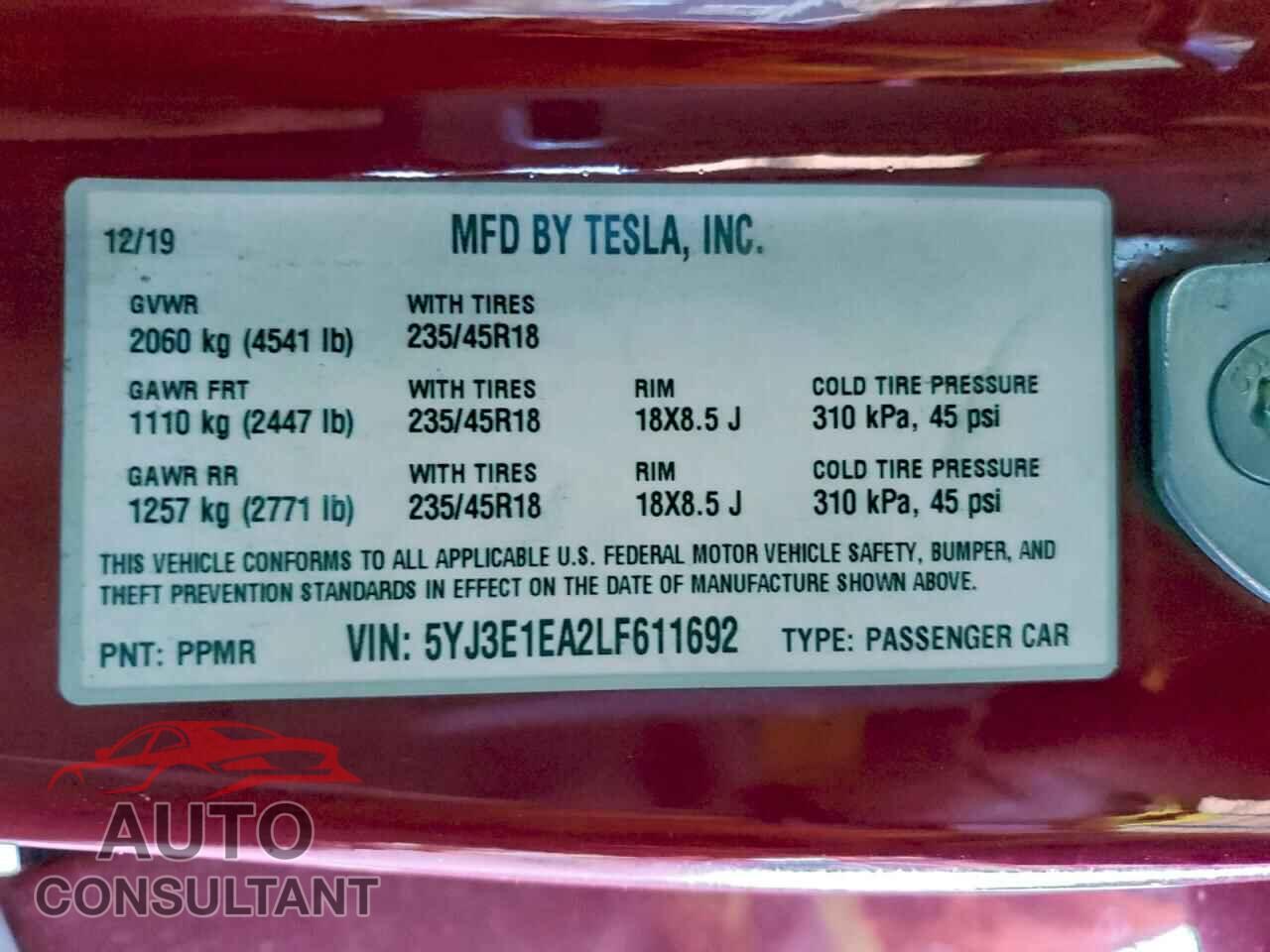 TESLA MODEL 3 2020 - 5YJ3E1EA2LF611692