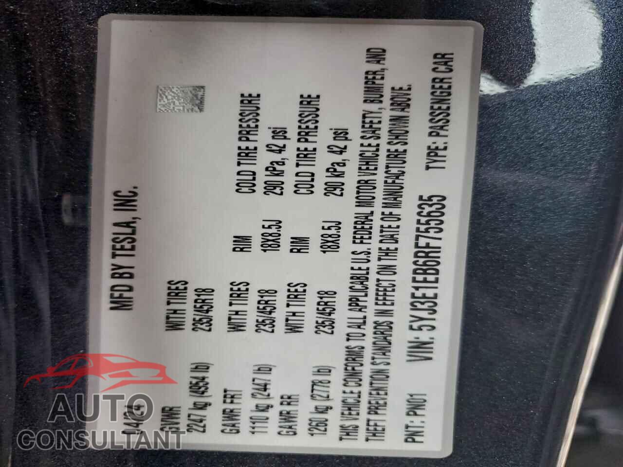 TESLA MODEL 3 2024 - 5YJ3E1EB6RF755635
