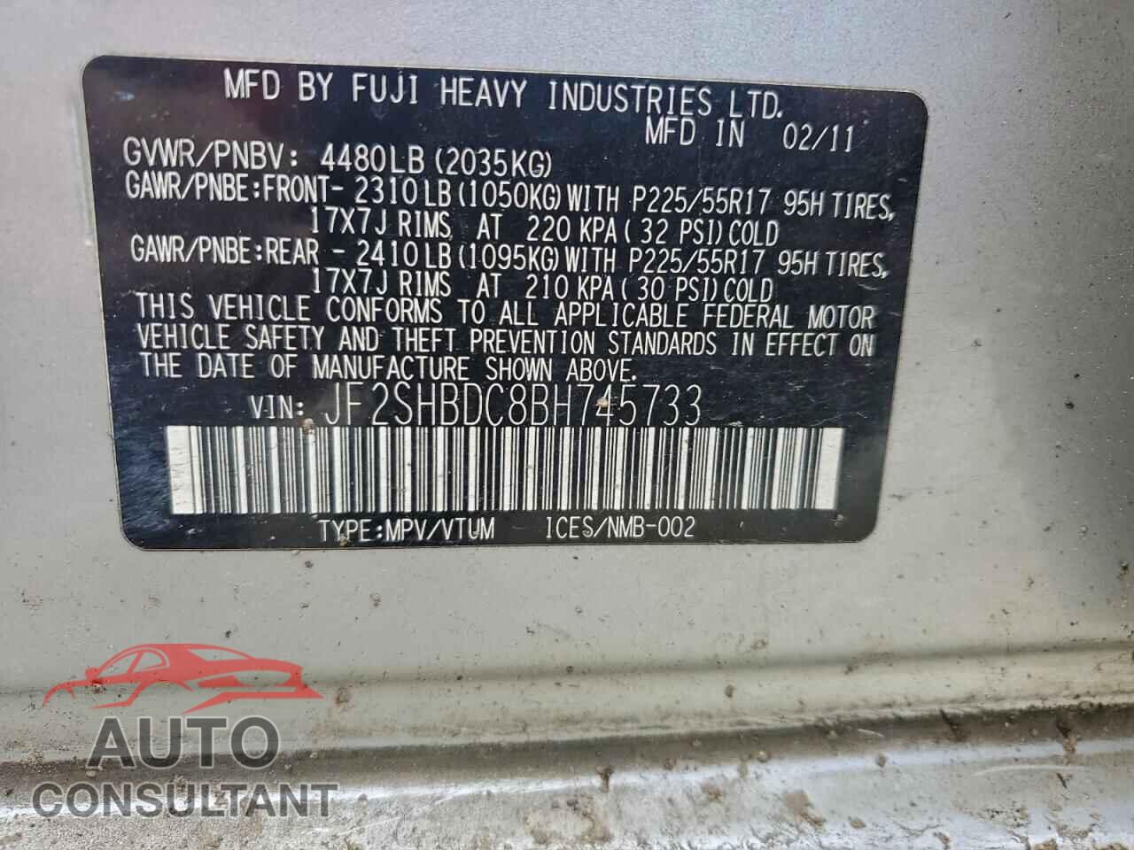 SUBARU FORESTER 2011 - JF2SHBDC8BH745733
