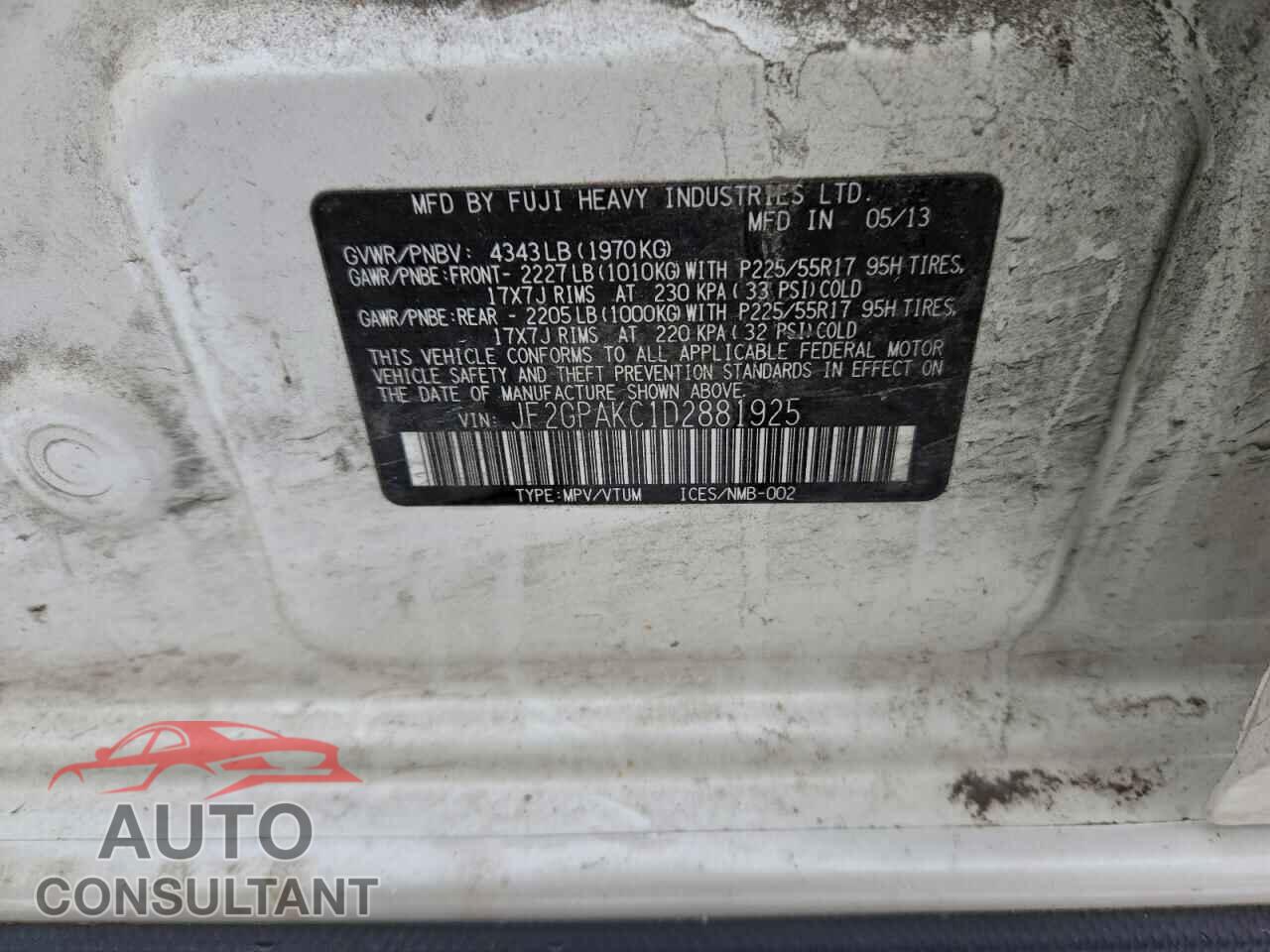 SUBARU XV 2013 - JF2GPAKC1D2881925