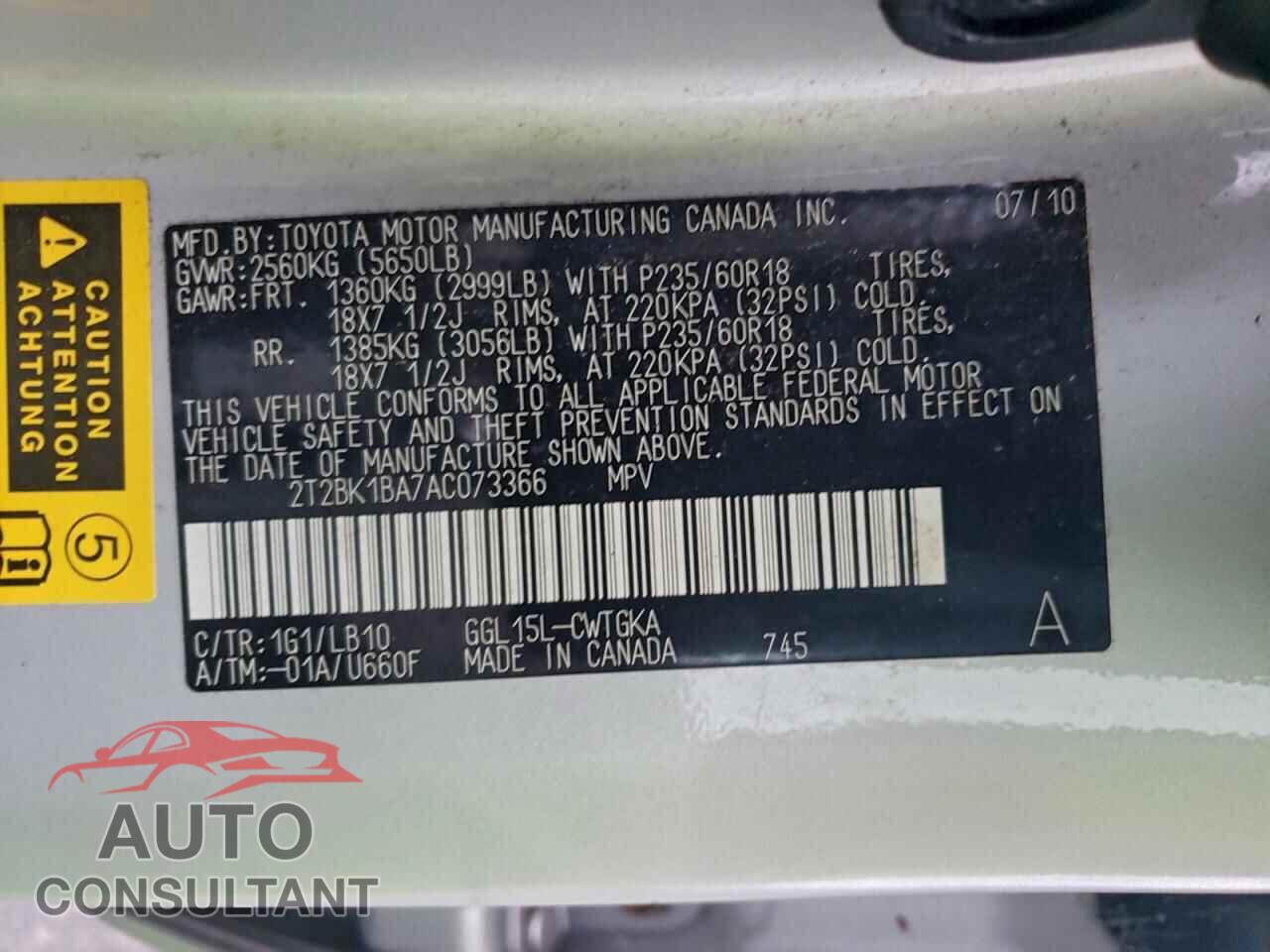 LEXUS RX350 2010 - 2T2BK1BA7AC073366