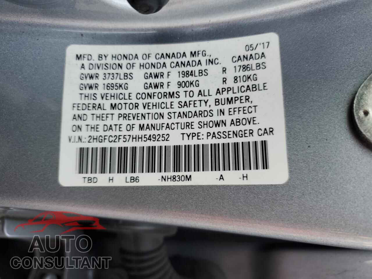 HONDA CIVIC 2017 - 2HGFC2F57HH549252