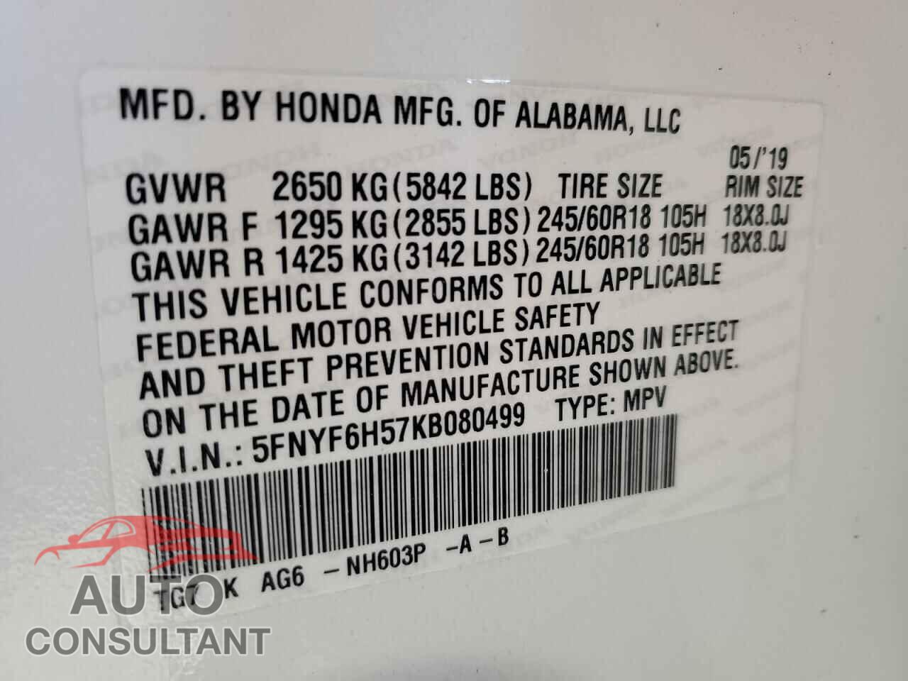 HONDA PILOT 2019 - 5FNYF6H57KB080499