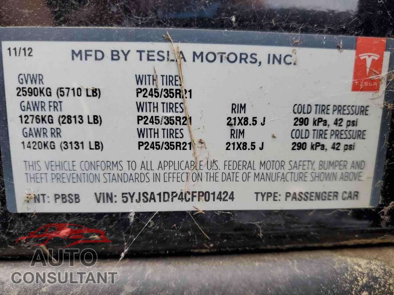 TESLA MODEL S 2012 - 5YJSA1DP4CFP01424