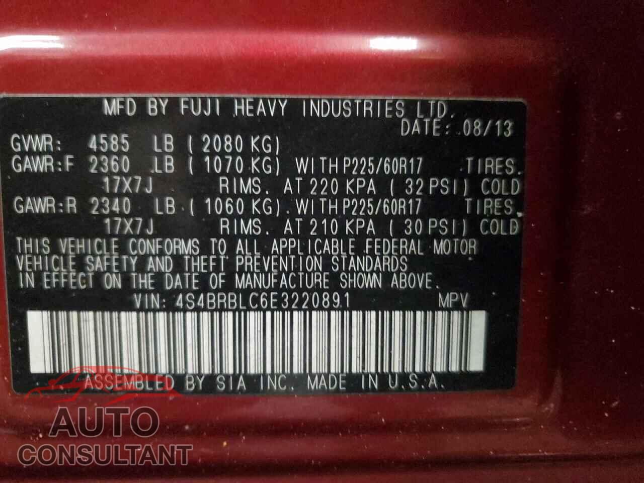 SUBARU OUTBACK 2014 - 4S4BRBLC6E3220891