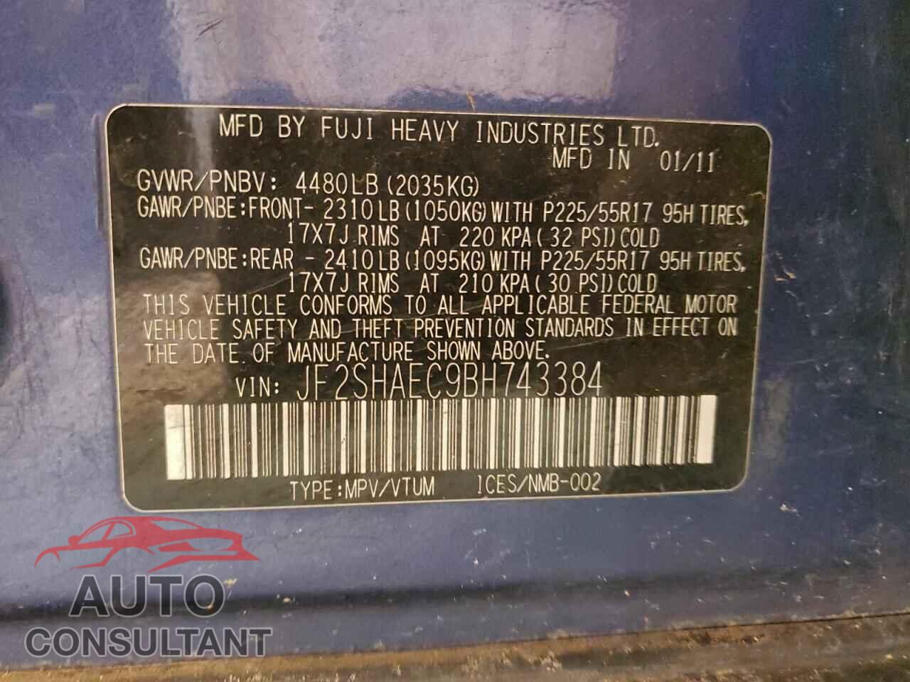 SUBARU FORESTER 2011 - JF2SHAEC9BH743384