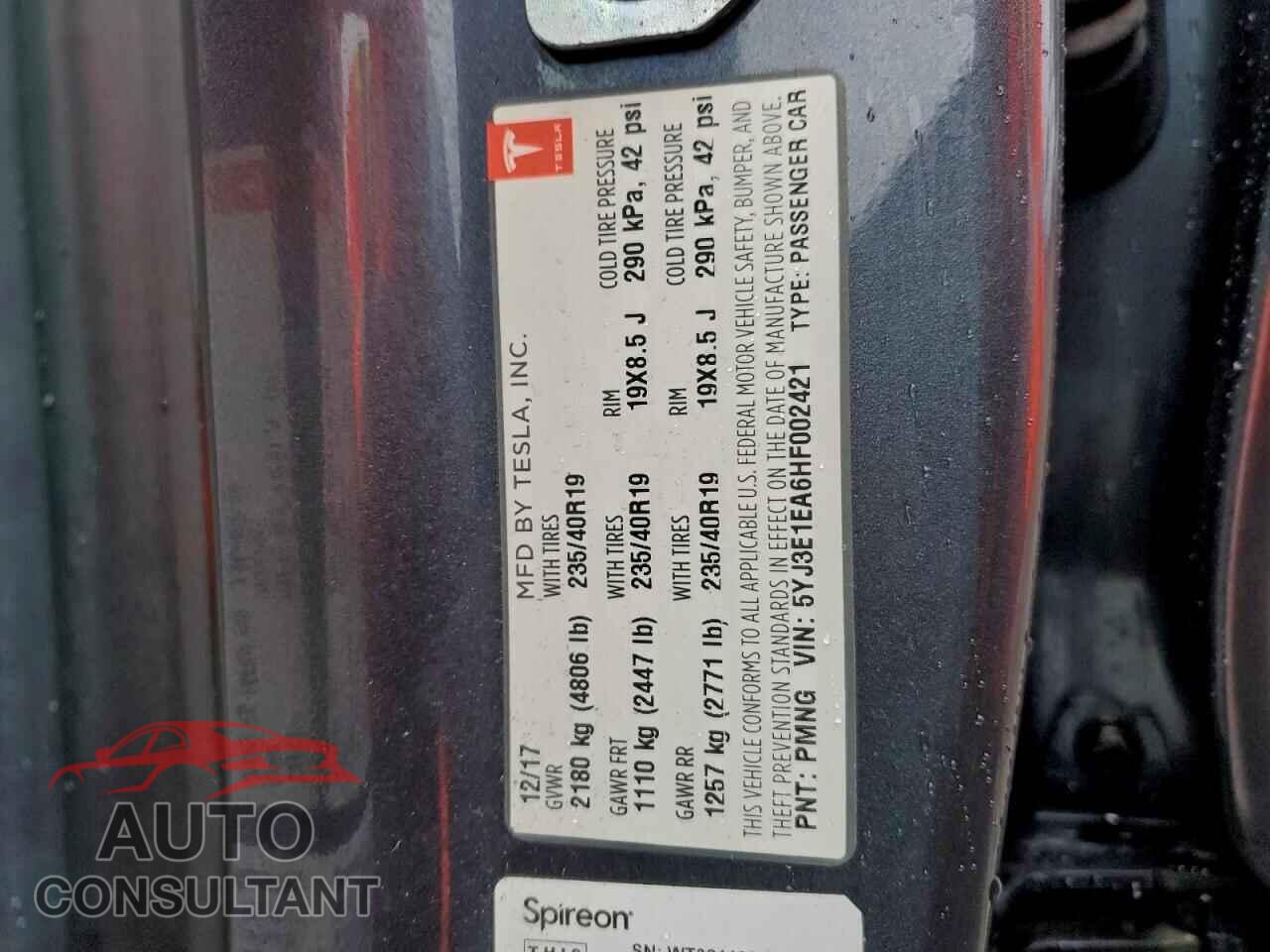 TESLA MODEL 3 2017 - 5YJ3E1EA6HF002421