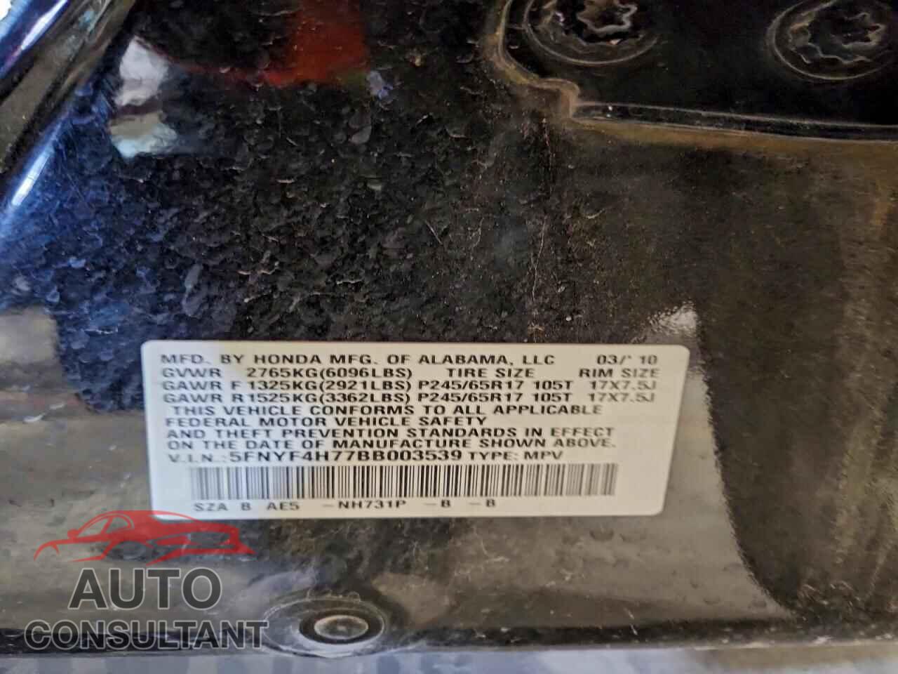 HONDA PILOT 2011 - 5FNYF4H77BB003539