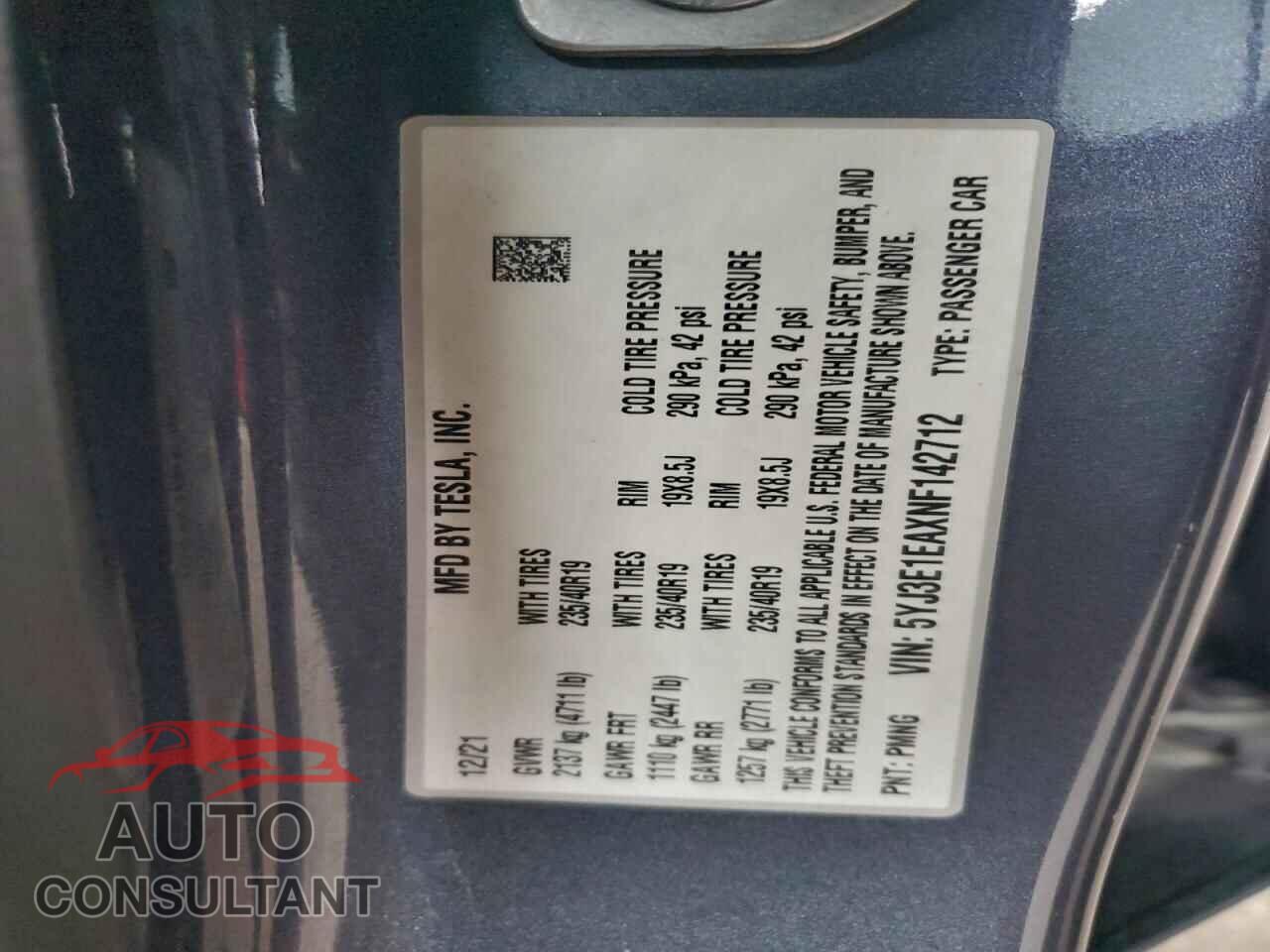 TESLA MODEL 3 2022 - 5YJ3E1EAXNF142712
