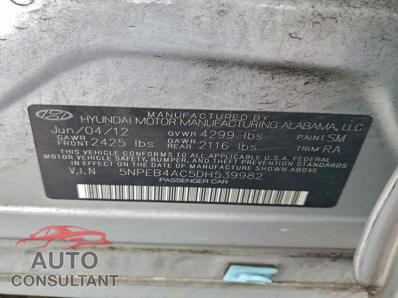 HYUNDAI SONATA 2013 - 5NPEB4AC5DH539982