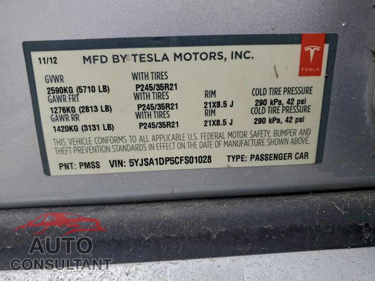 TESLA MODEL S 2012 - 5YJSA1DP5CFS01028