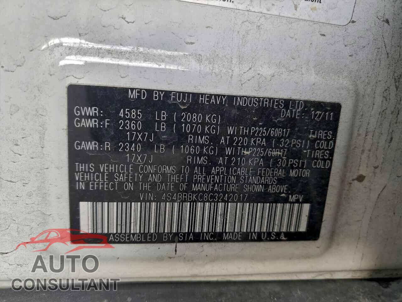 SUBARU OUTBACK 2012 - 4S4BRBKC8C3242017
