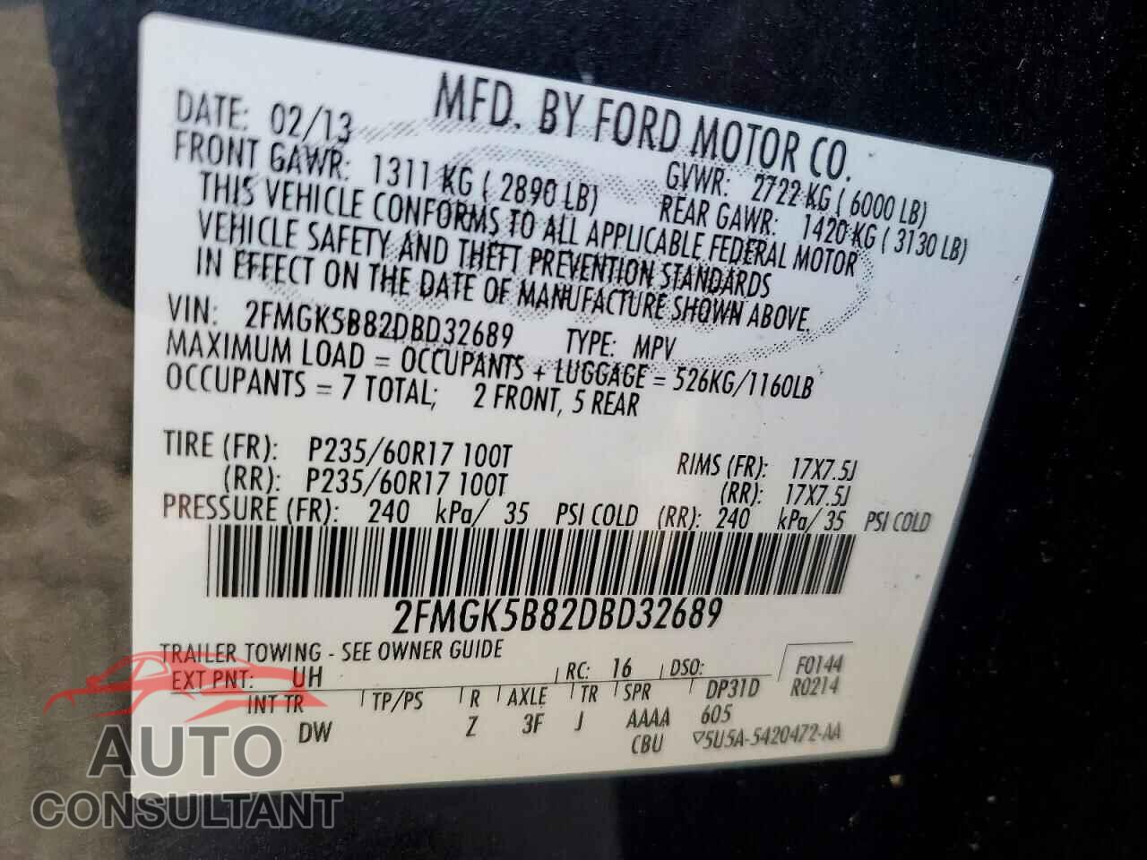 FORD FLEX 2013 - 2FMGK5B82DBD32689