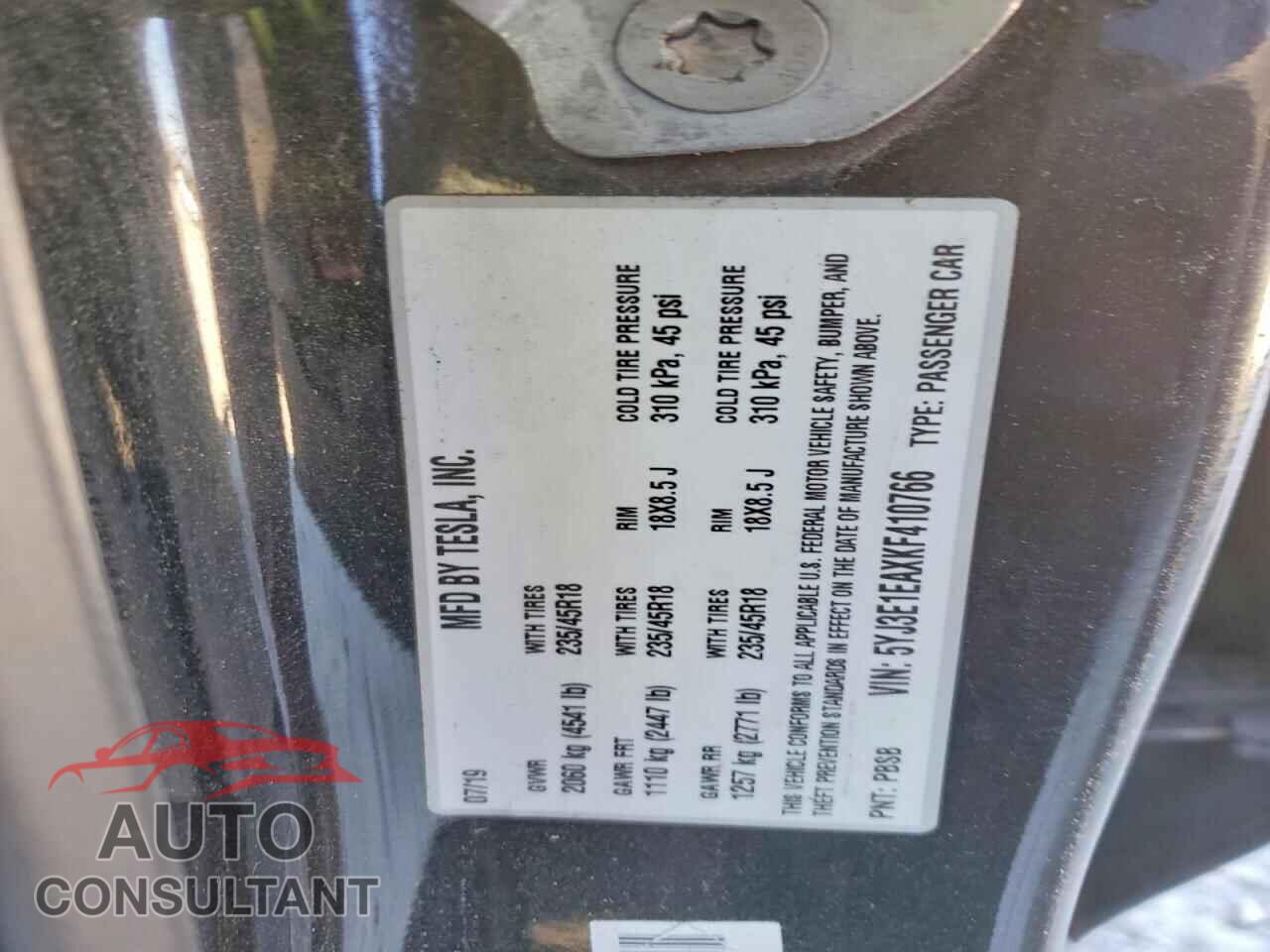 TESLA MODEL 3 2019 - 5YJ3E1EAXKF410766