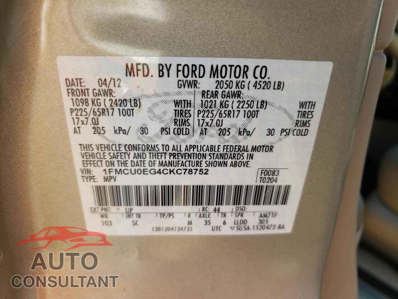 FORD ESCAPE 2012 - 1FMCU0EG4CKC78752