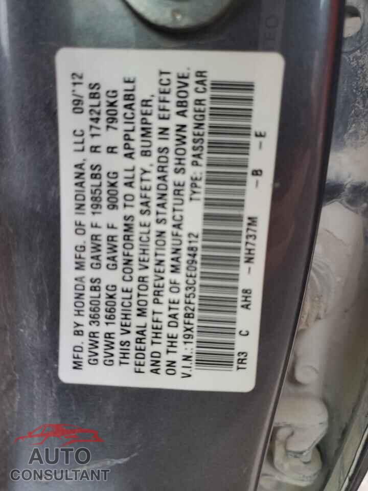 HONDA CIVIC 2012 - 19XFB2F53CE094812