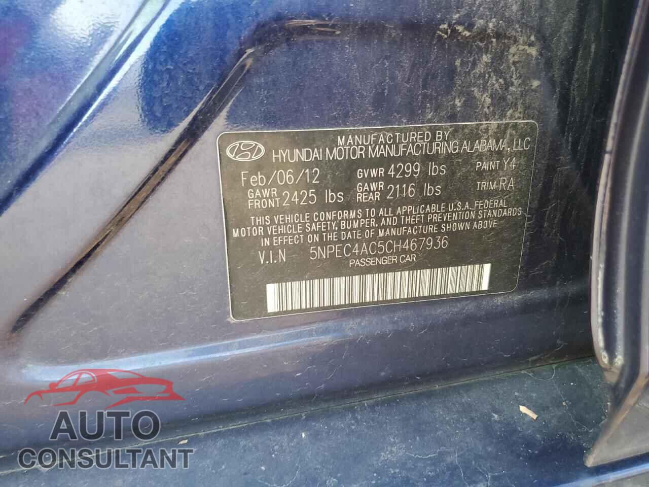 HYUNDAI SONATA 2012 - 5NPEC4AC5CH467936