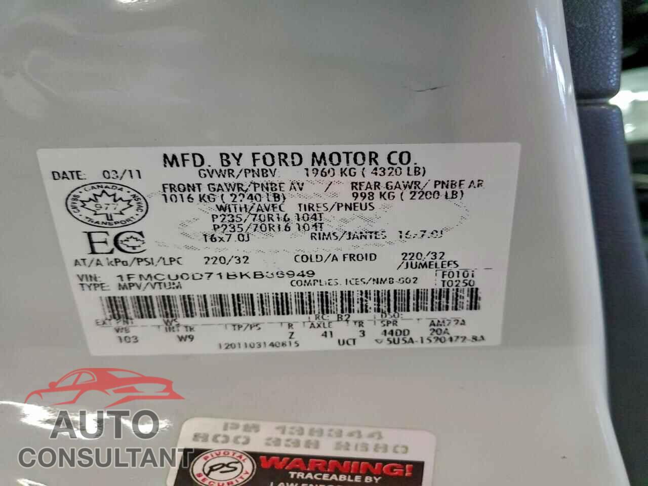 FORD ESCAPE 2011 - 1FMCU0D71BKB86949