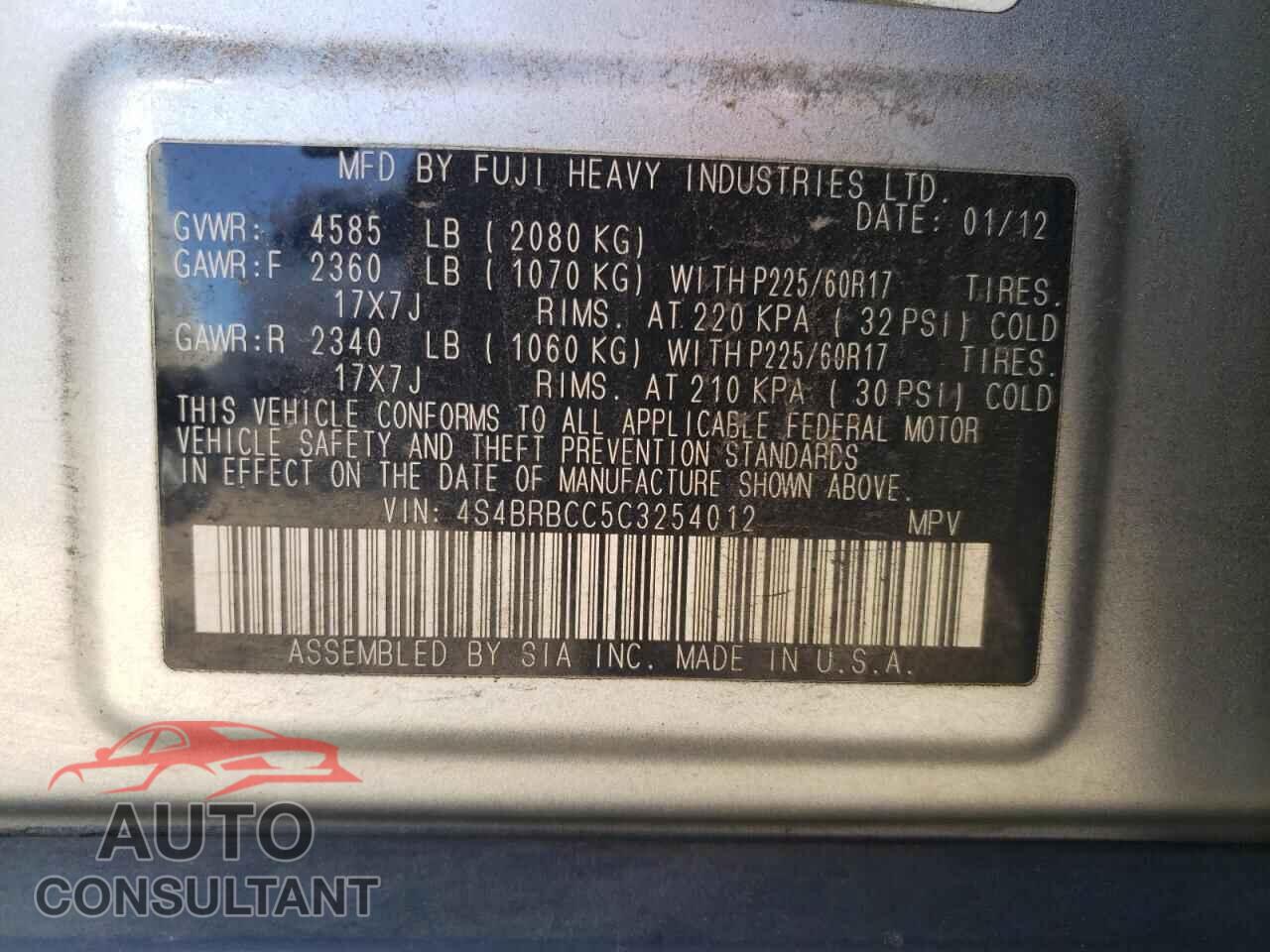 SUBARU OUTBACK 2012 - 4S4BRBCC5C3254012