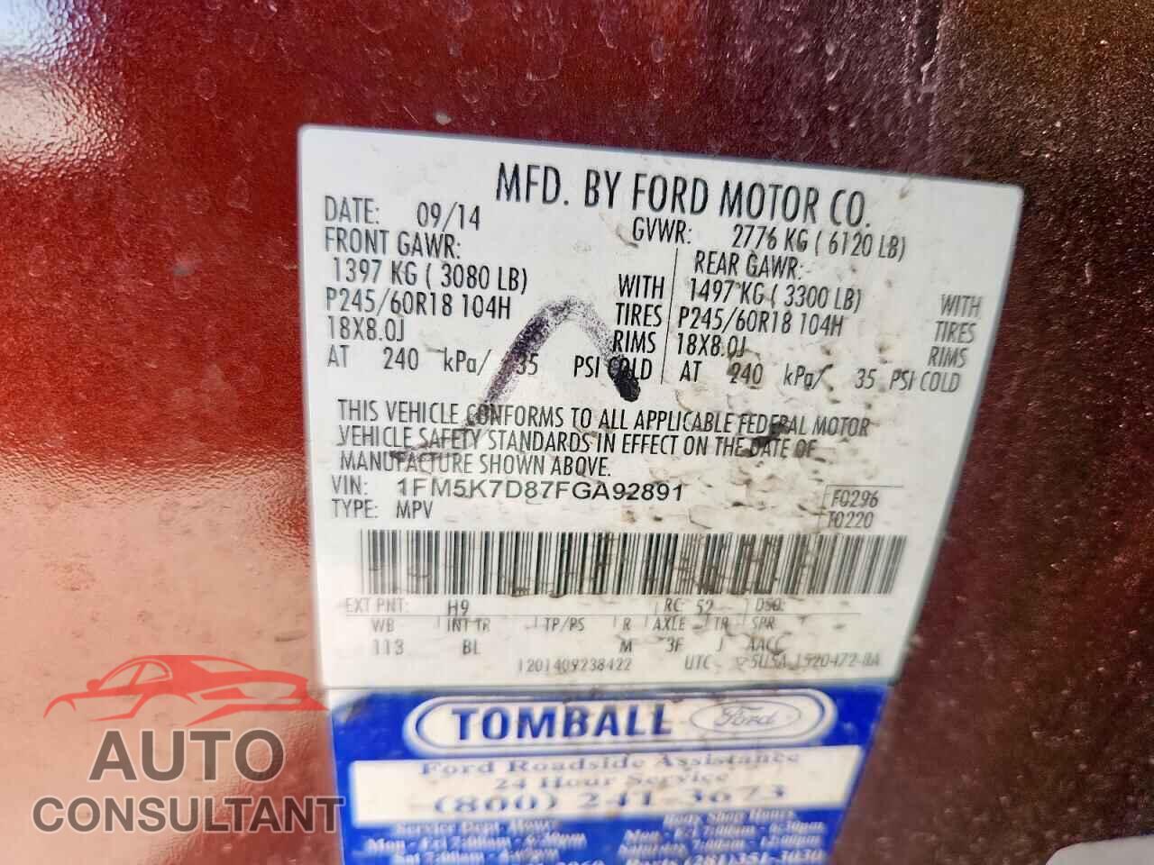 FORD EXPLORER 2015 - 1FM5K7D87FGA92891