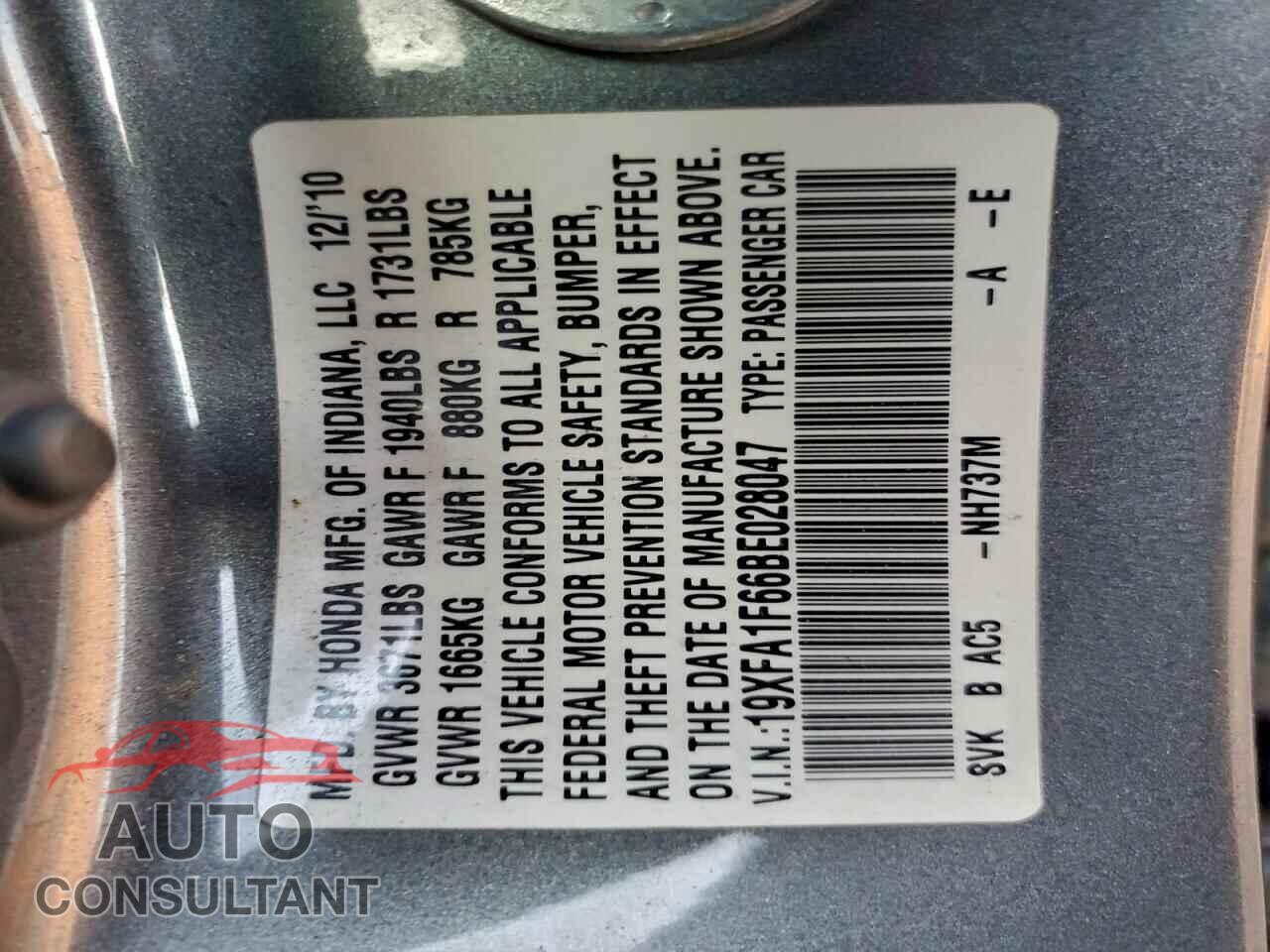 HONDA CIVIC 2011 - 19XFA1F66BE028047