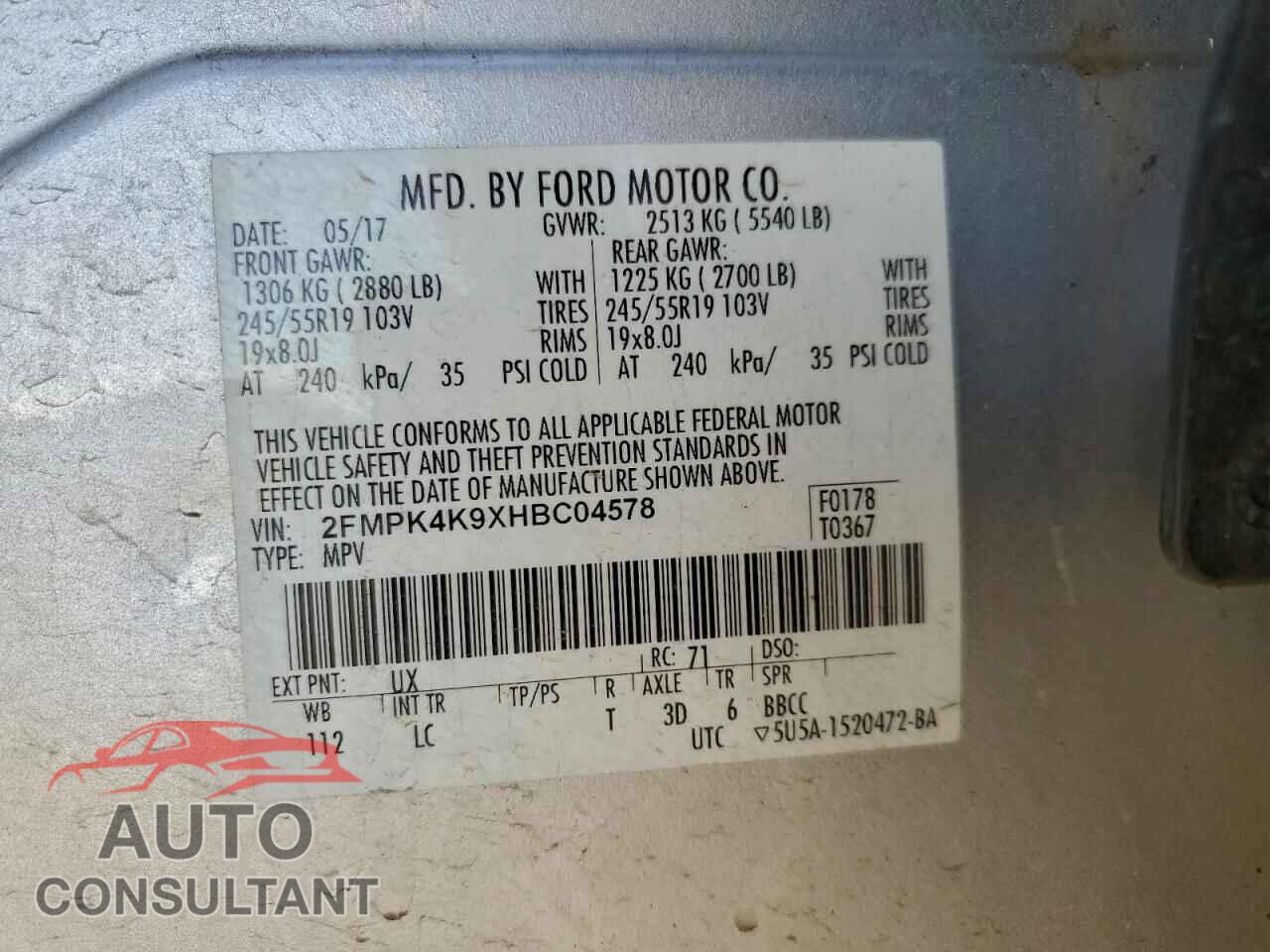 FORD EDGE 2017 - 2FMPK4K9XHBC04578