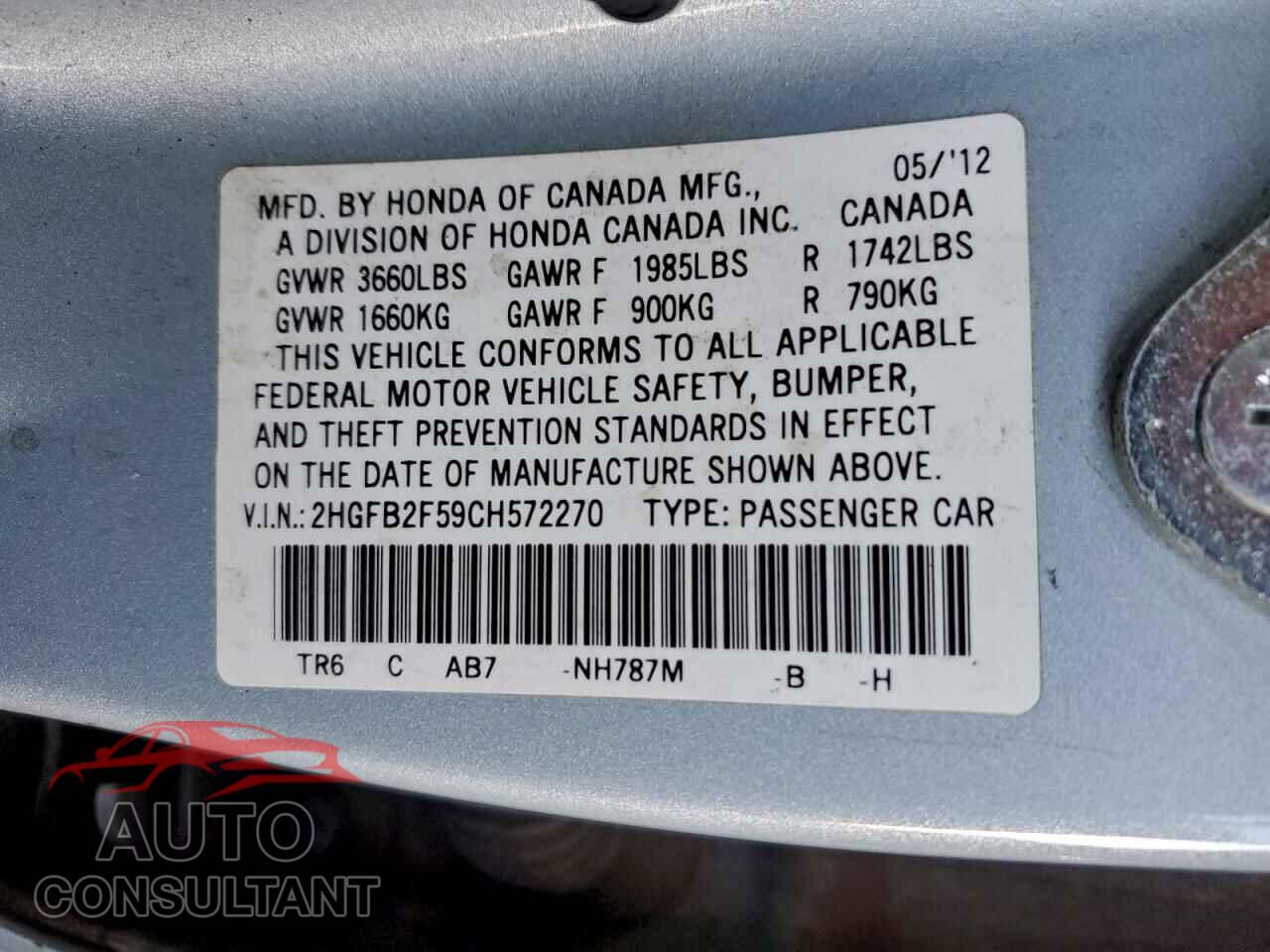 HONDA CIVIC 2012 - 2HGFB2F59CH572270