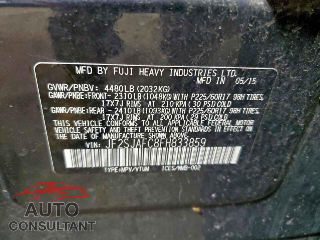 SUBARU FORESTER 2015 - JF2SJAFC8FH833859