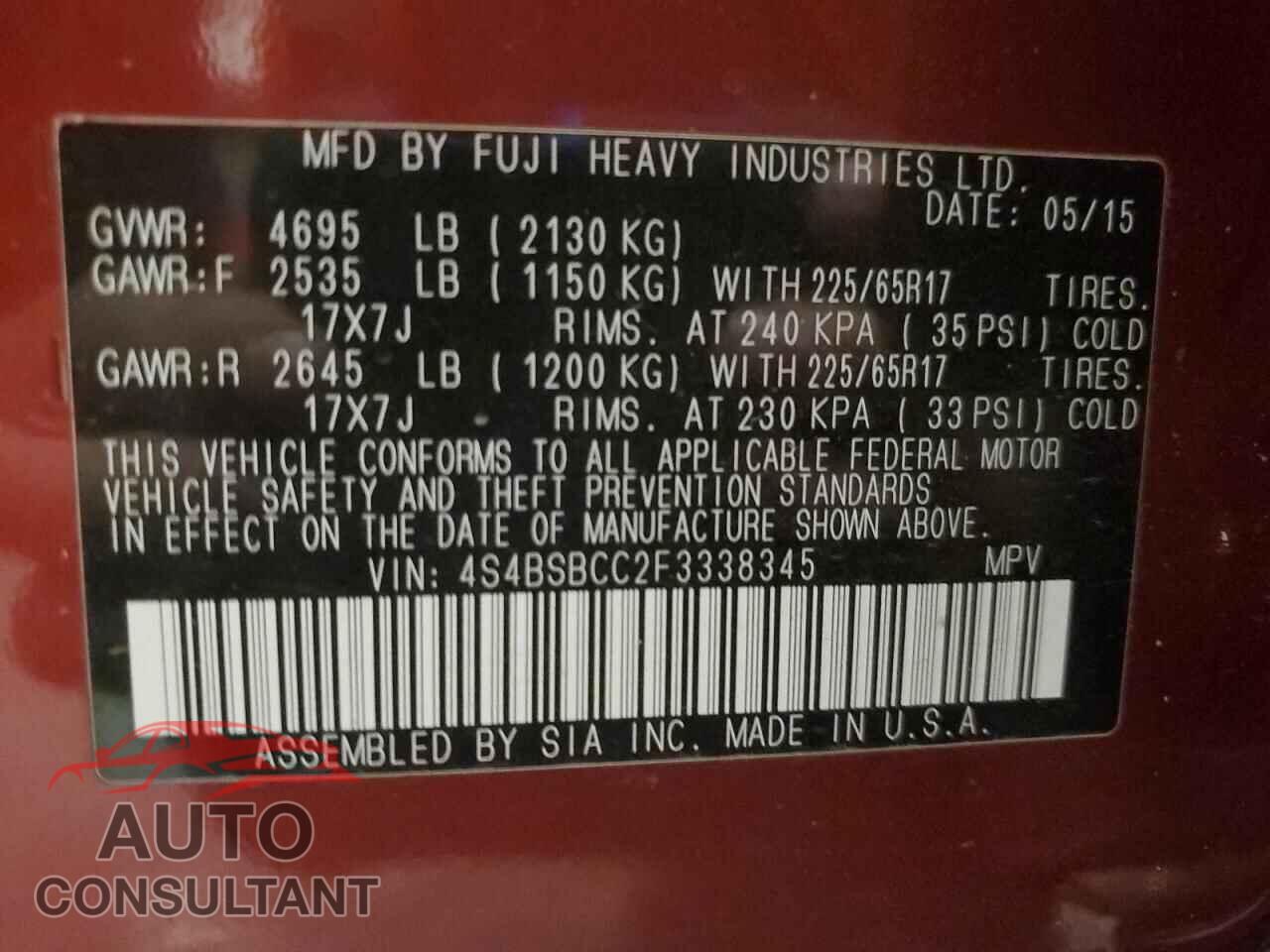 SUBARU OUTBACK 2015 - 4S4BSBCC2F3338345