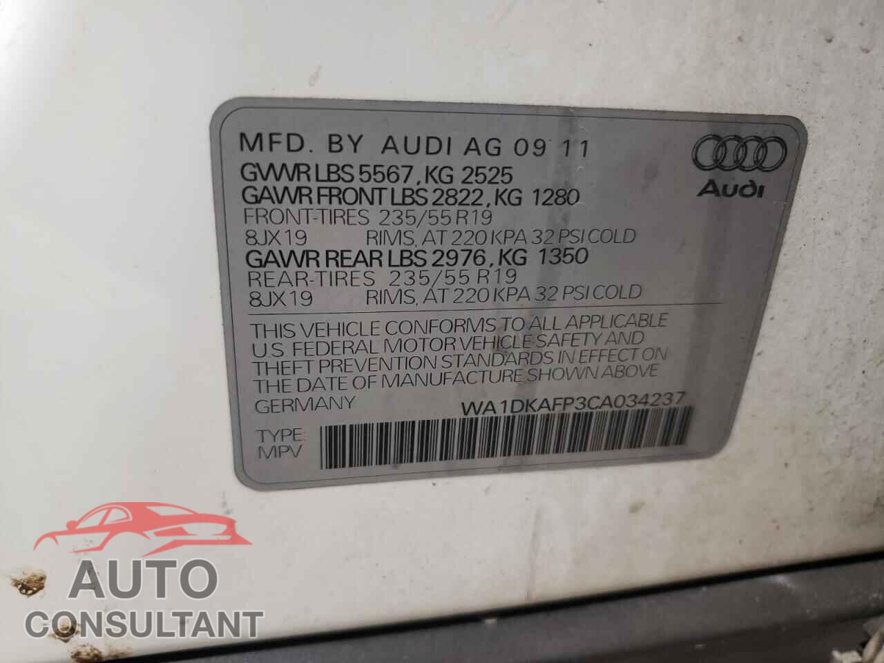 AUDI Q5 2012 - WA1DKAFP3CA034237