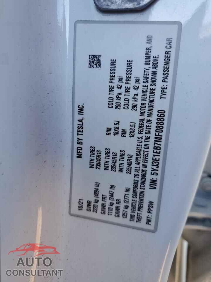 TESLA MODEL 3 2021 - 5YJ3E1EB7MF088860