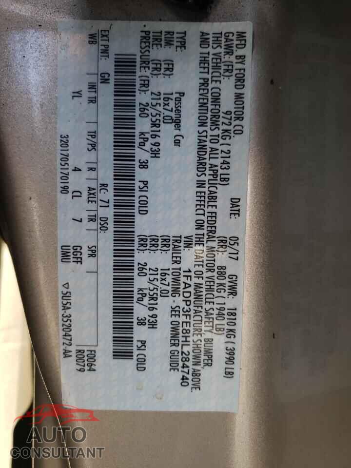 FORD FOCUS 2017 - 1FADP3FE8HL284740