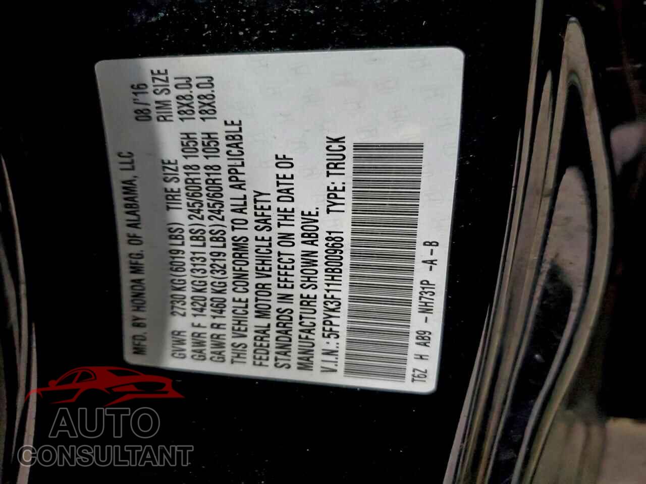 HONDA RIDGELINE 2017 - 5FPYK3F11HB009681