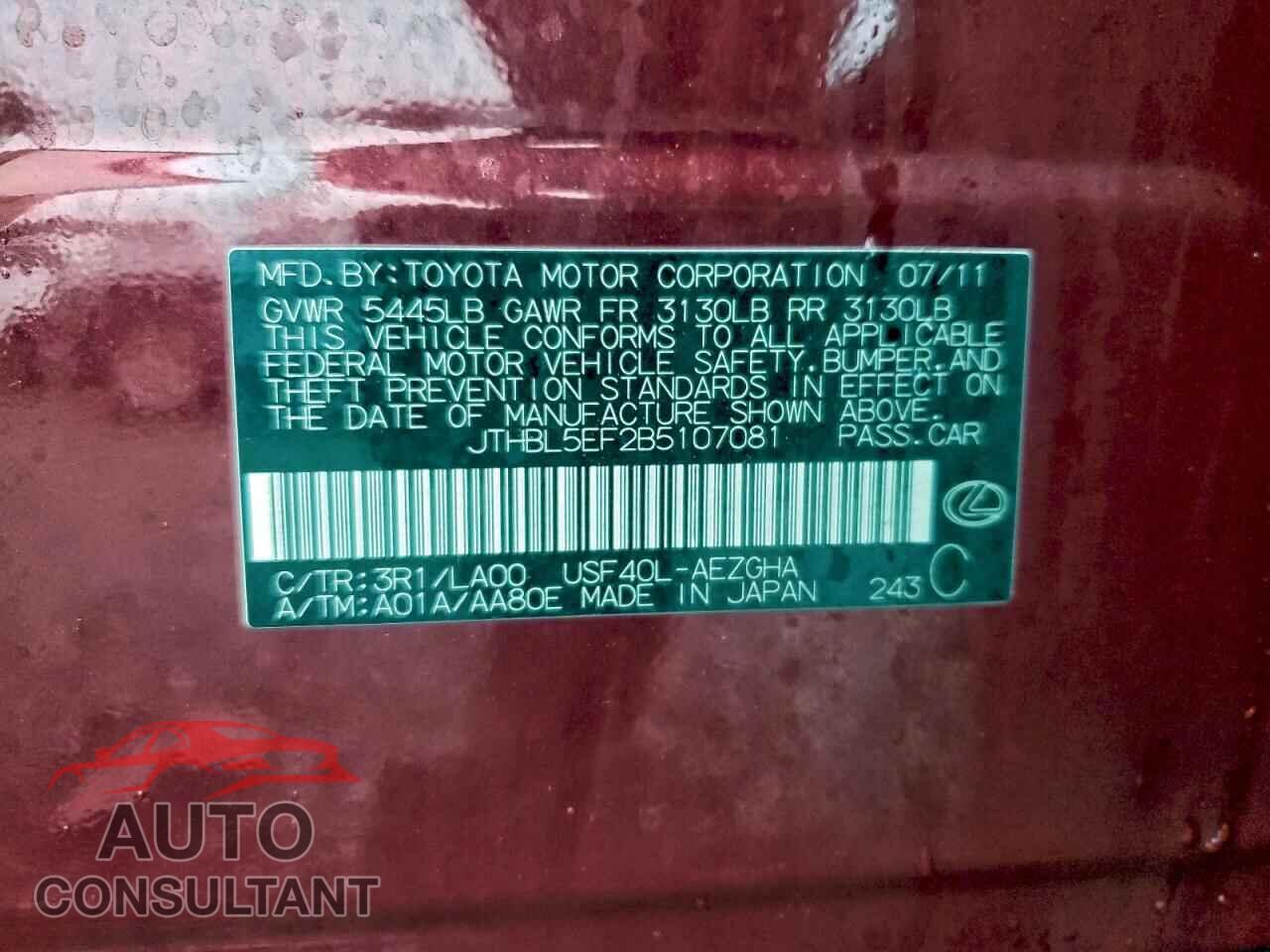 LEXUS LS460 2011 - JTHBL5EF2B5107081