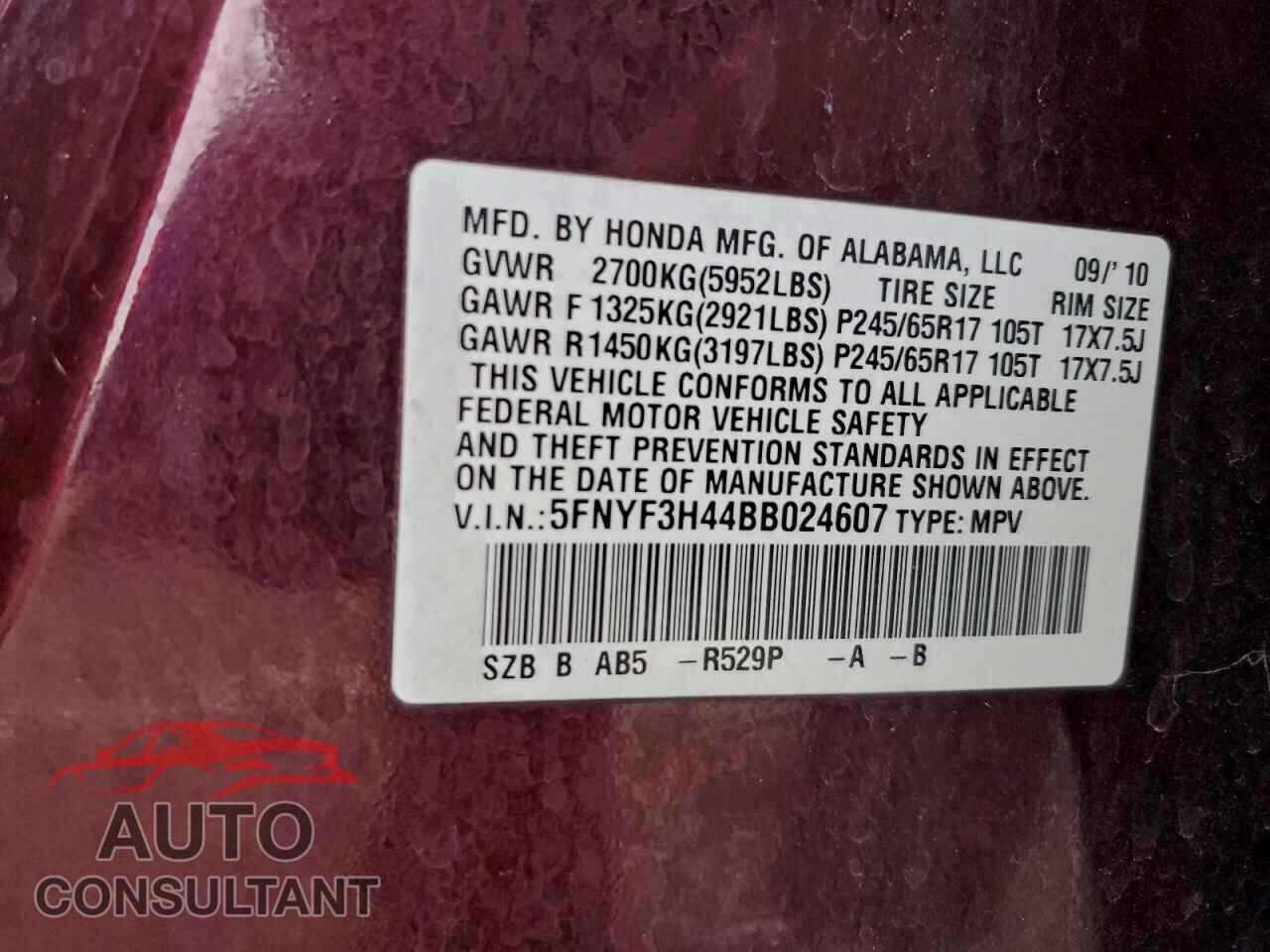 HONDA PILOT 2011 - 5FNYF3H44BB024607