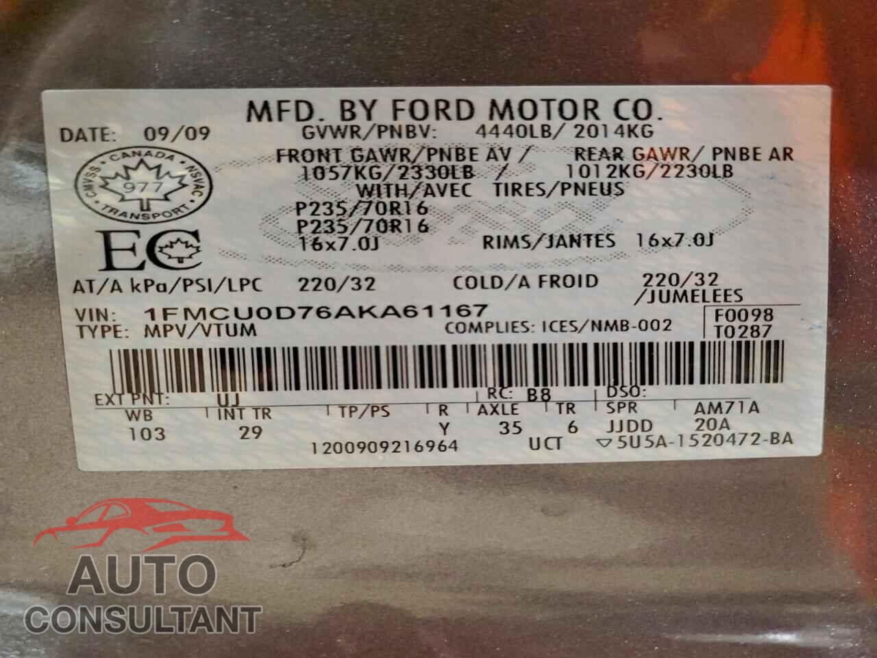 FORD ESCAPE 2010 - 1FMCU0D76AKA61167