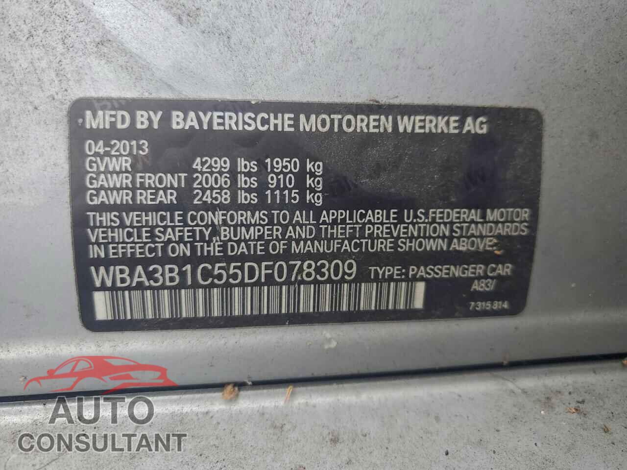 BMW 3 SERIES 2013 - WBA3B1C55DF078309