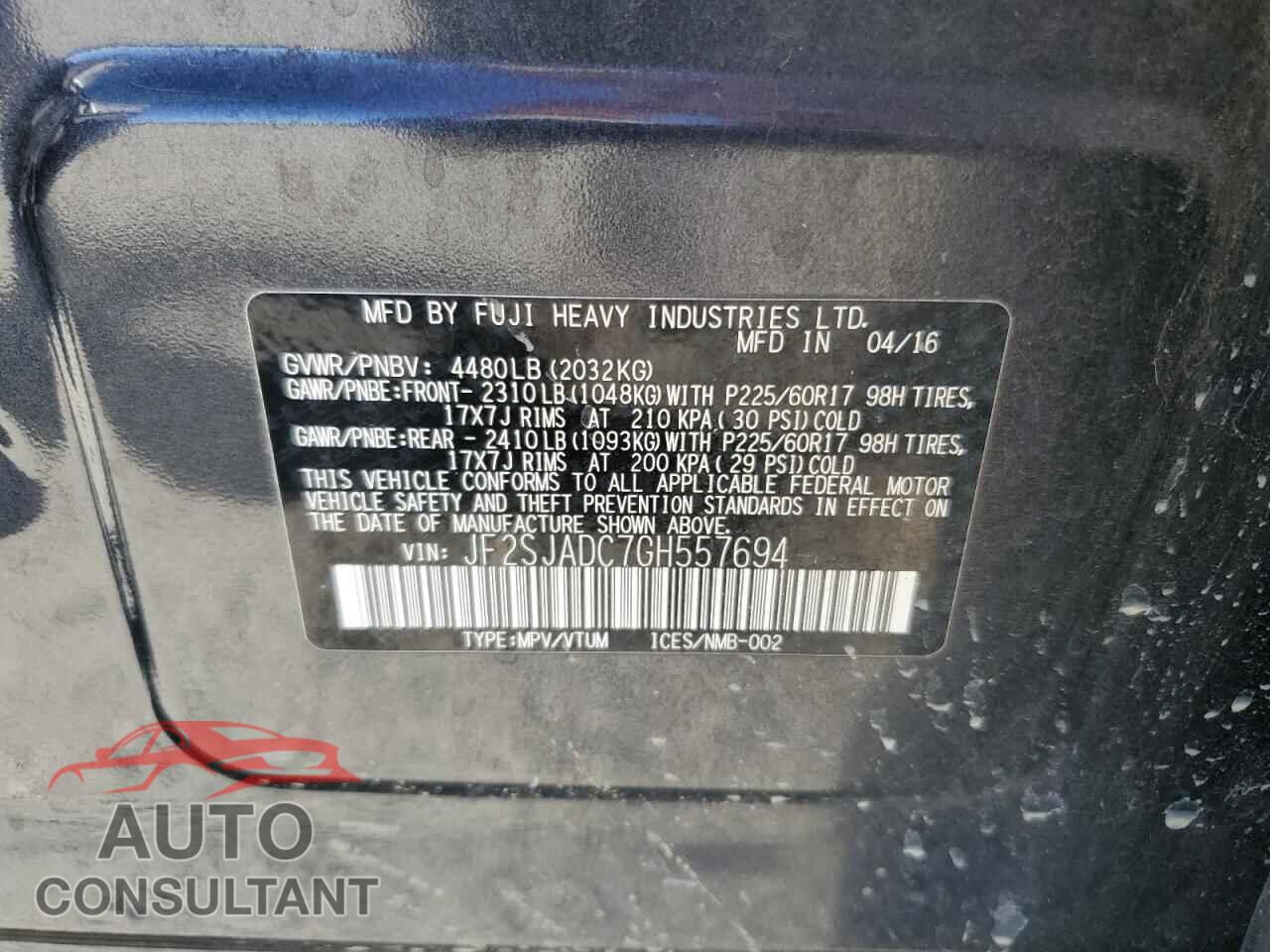SUBARU FORESTER 2016 - JF2SJADC7GH557694