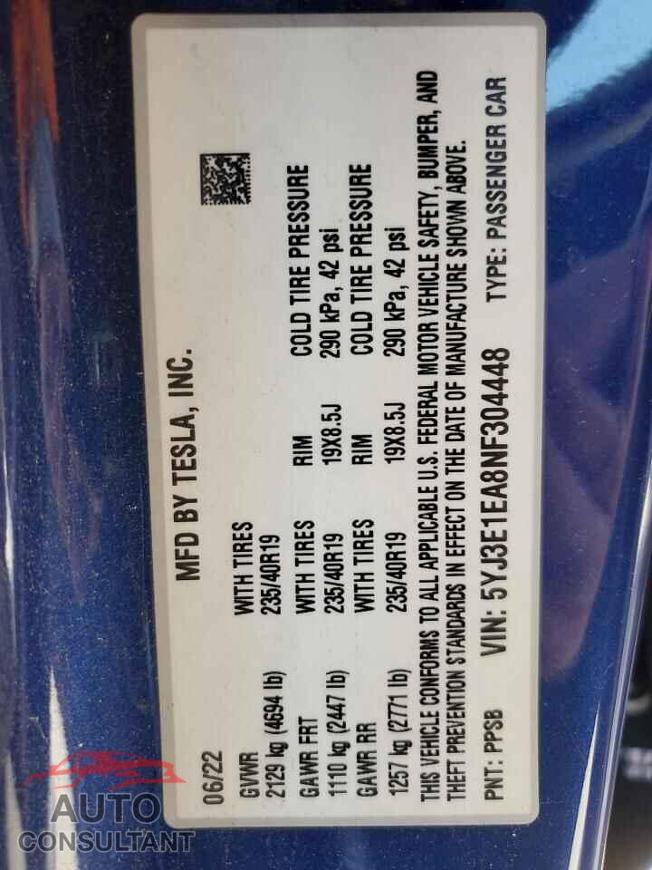 TESLA MODEL 3 2022 - 5YJ3E1EA8NF304448