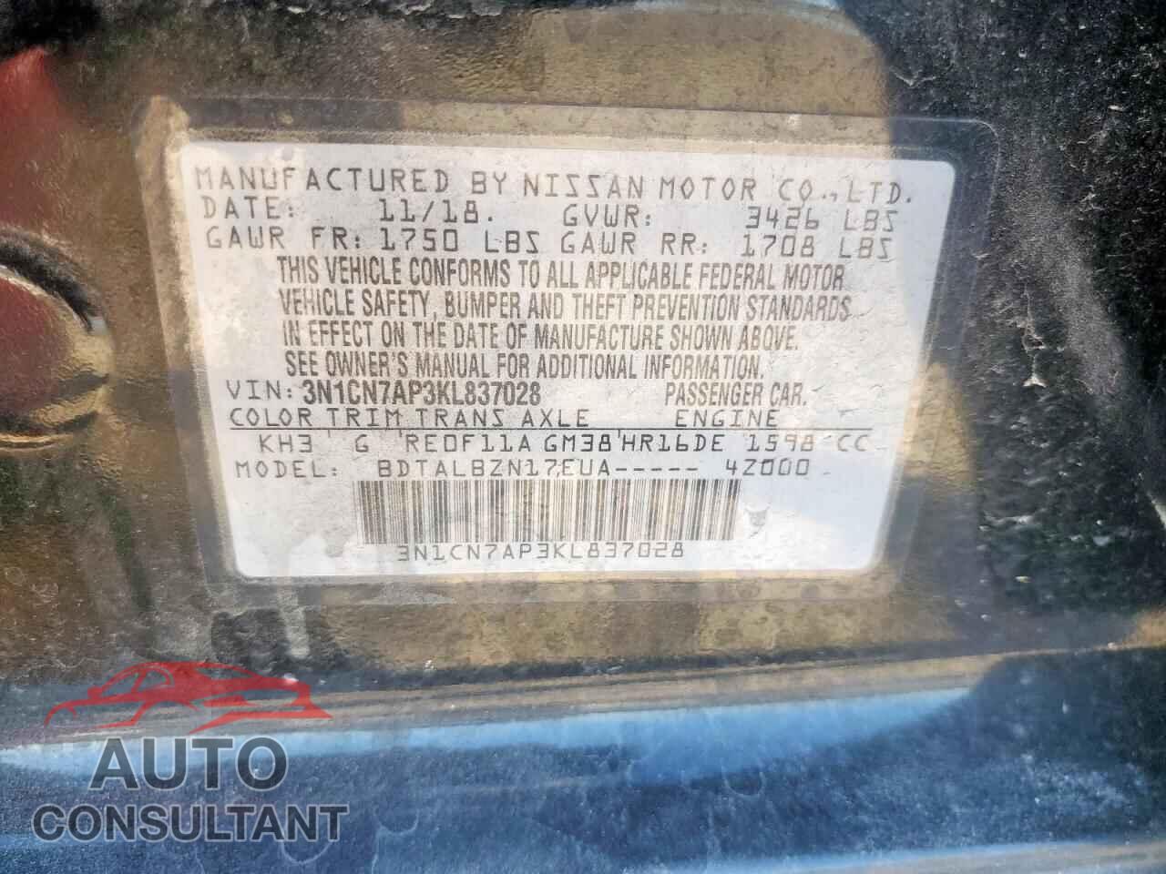 NISSAN VERSA 2019 - 3N1CN7AP3KL837028
