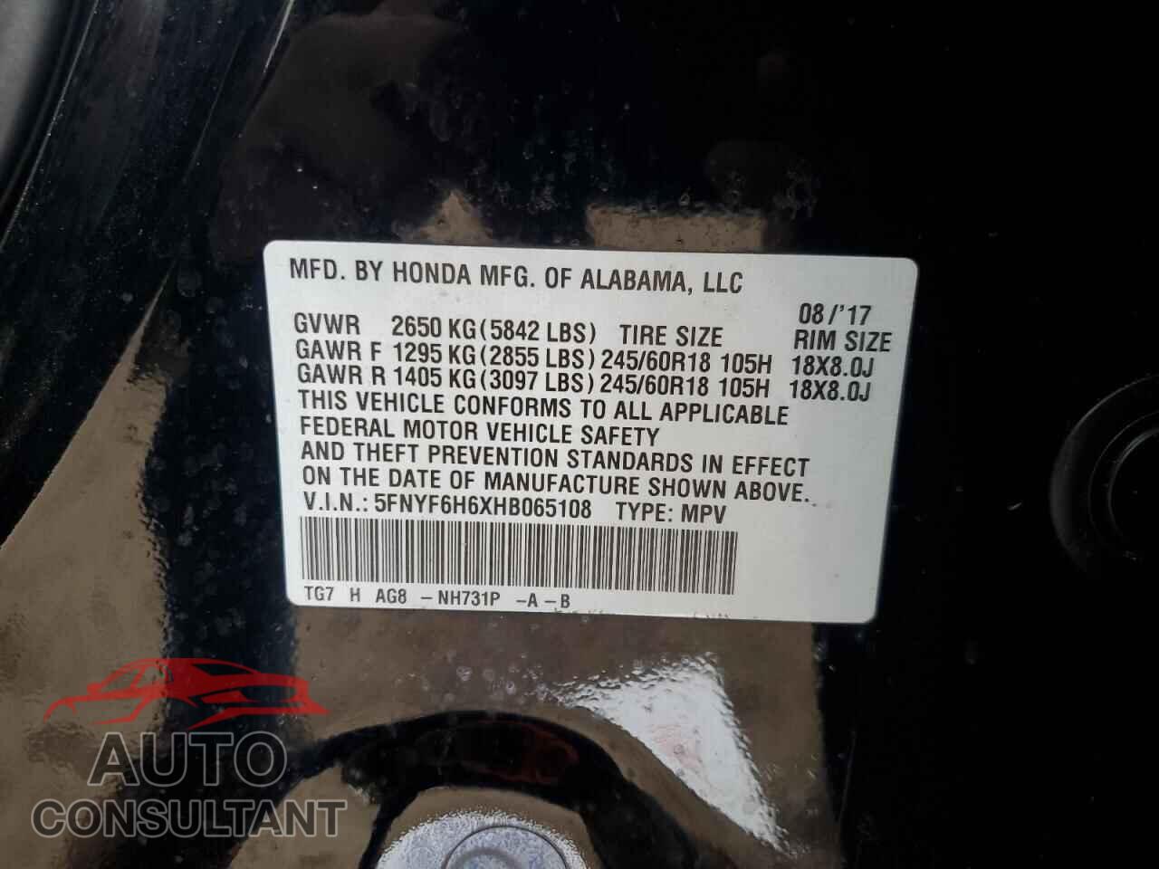 HONDA PILOT 2017 - 5FNYF6H6XHB065108