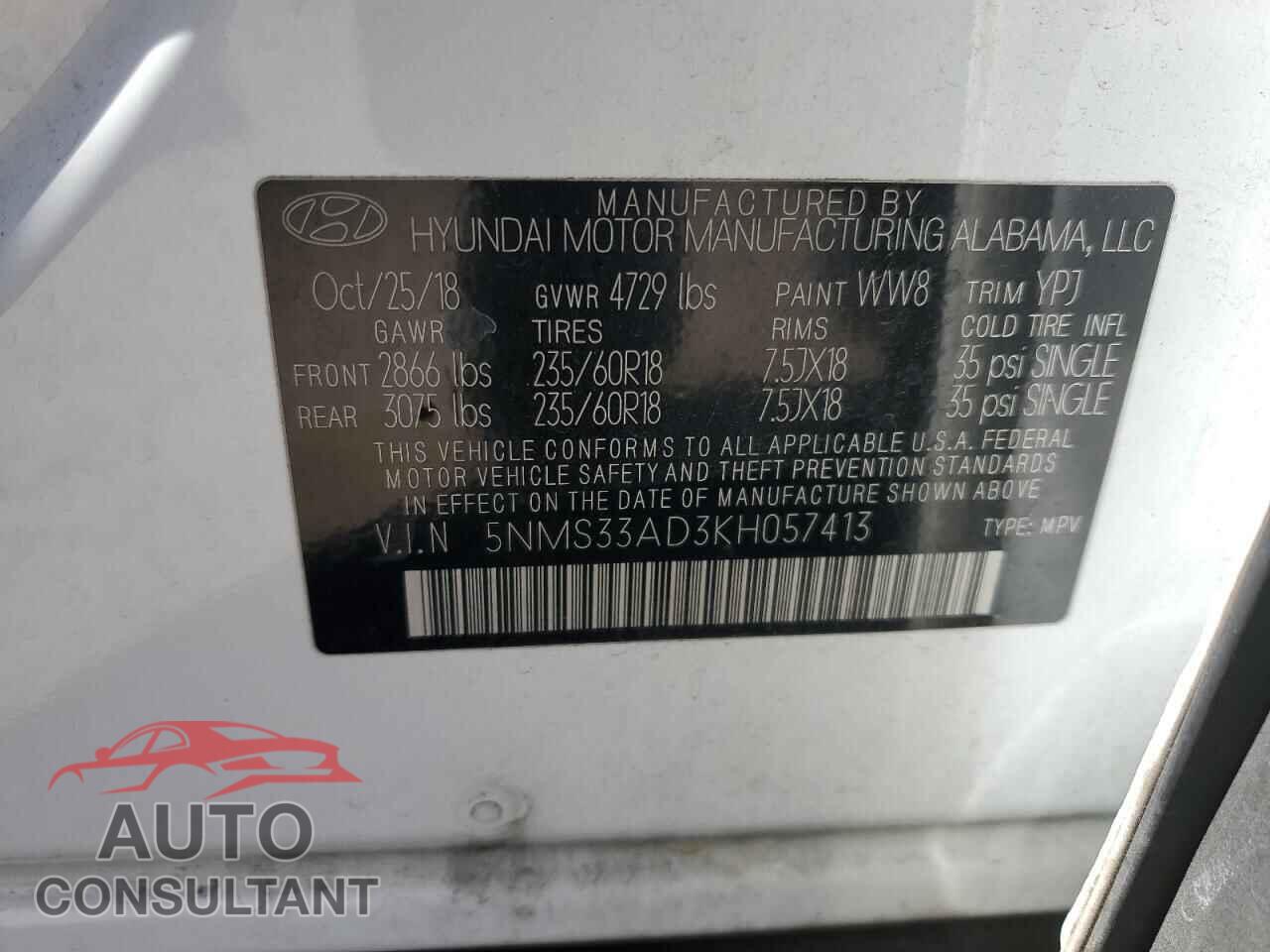 HYUNDAI SANTA FE 2019 - 5NMS33AD3KH057413