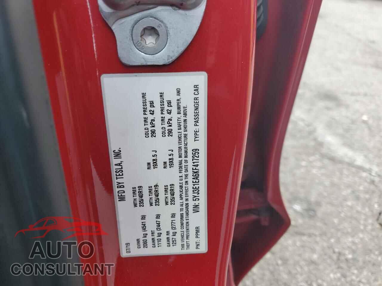 TESLA MODEL 3 2019 - 5YJ3E1EA6KF417259