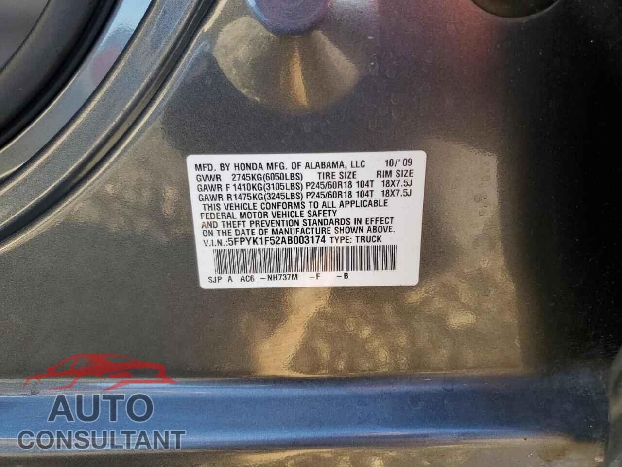 HONDA RIDGELINE 2010 - 5FPYK1F52AB003174
