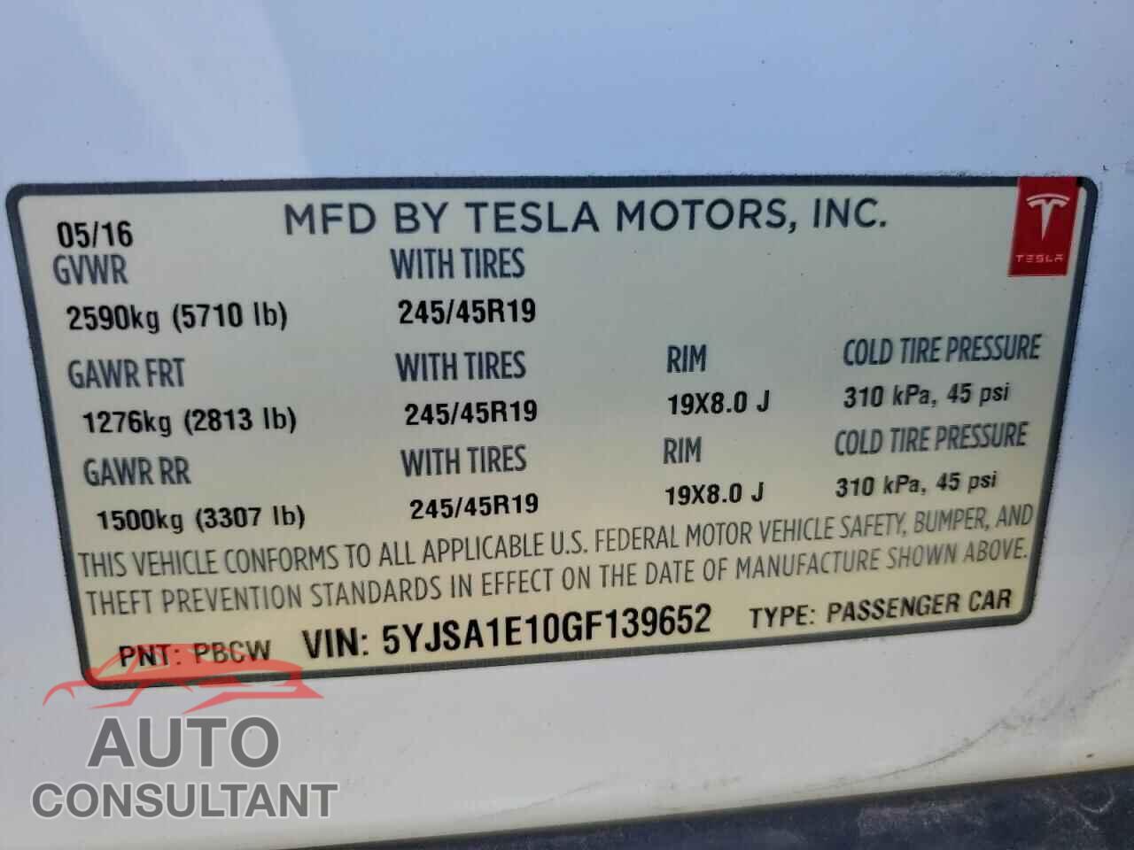 TESLA MODEL S 2016 - 5YJSA1E10GF139652