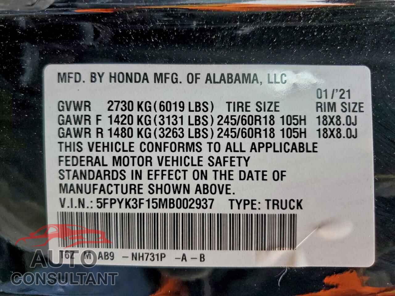 HONDA RIDGELINE 2021 - 5FPYK3F15MB002937